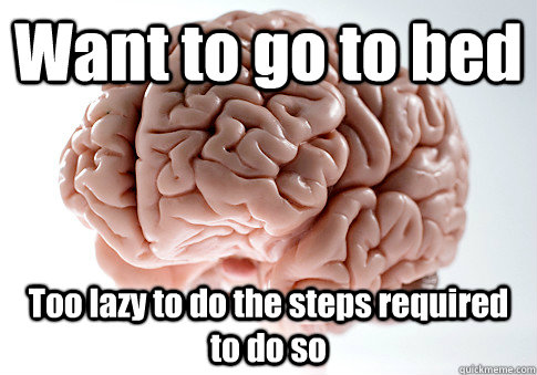 Want to go to bed Too lazy to do the steps required to do so  Scumbag Brain