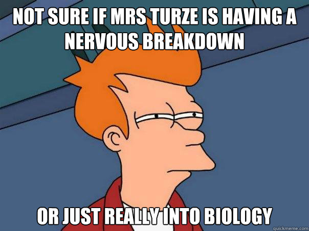 Not sure if Mrs Turze is having a nervous breakdown Or just really into Biology  Futurama Fry