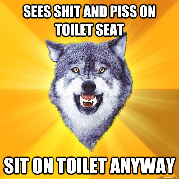 Sees shit and piss on toilet seat sit on toilet anyway  Courage Wolf