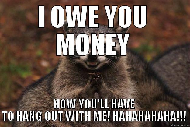 I OWE YOU MONEY NOW YOU'LL HAVE TO HANG OUT WITH ME! HAHAHAHAHA!!! Evil Plotting Raccoon