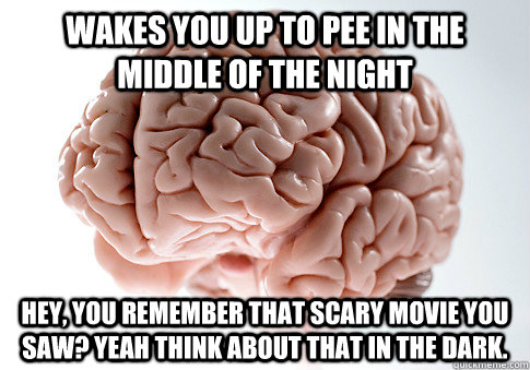 Wakes you up to pee in the middle of the night Hey, you remember that scary movie you saw? Yeah think about that in the dark.   Scumbag Brain