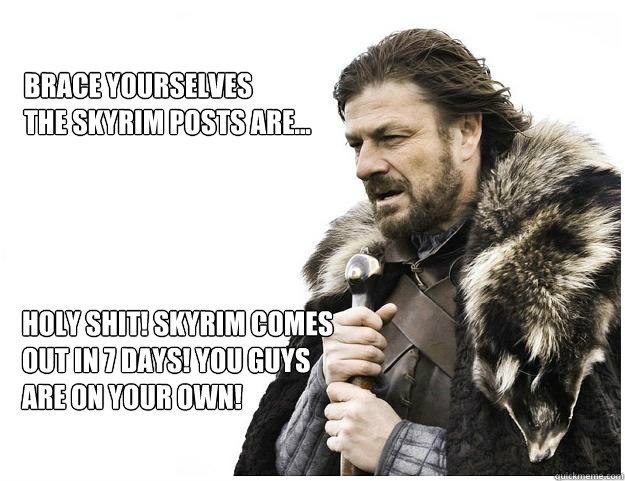 Brace yourselves
the Skyrim posts are... HOLY SHIT! Skyrim comes out in 7 days! You guys are on your own!  Imminent Ned