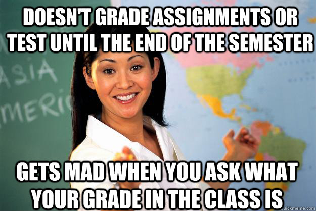 Doesn't grade assignments or test until the end of the semester gets mad when you ask what your grade in the class is  Unhelpful High School Teacher