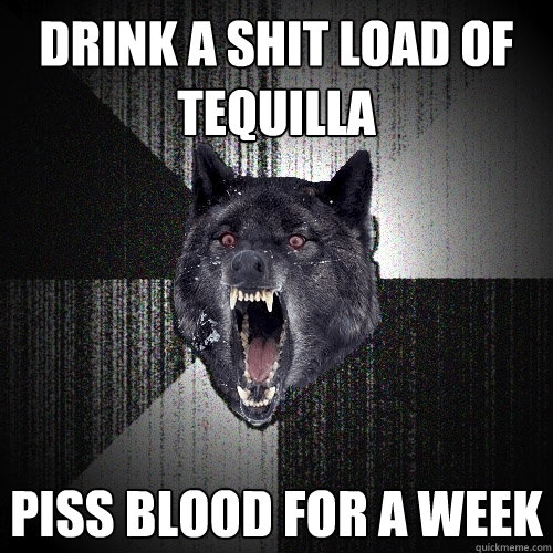 DRINK A SHIT LOAD OF TEQUILLA PISS BLOOD FOR A WEEK - DRINK A SHIT LOAD OF TEQUILLA PISS BLOOD FOR A WEEK  Insanity Wolf