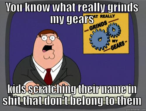 YOU KNOW WHAT REALLY GRINDS MY GEARS KIDS SCRATCHING THEIR NAME IN SHIT THAT DON'T BELONG TO THEM Grinds my gears