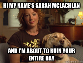 Hi my name's Sarah Mclachlan and i'm about to ruin your entire day  Sarah Mclachlan