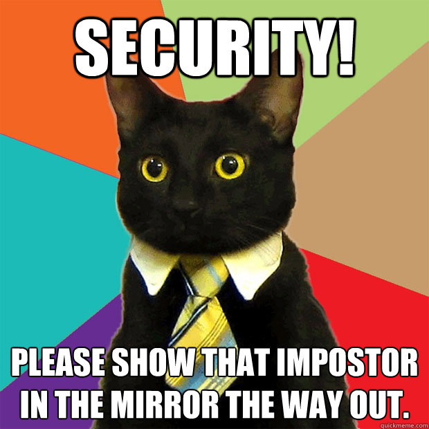 Security! Please show that impostor in the mirror the way out.  Business Cat