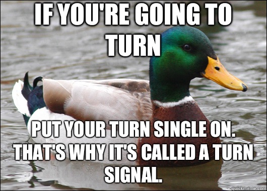 If you're going to turn Put your turn single on. That's why it's called a TURN SIGNAL.  - If you're going to turn Put your turn single on. That's why it's called a TURN SIGNAL.   Actual Advice Mallard