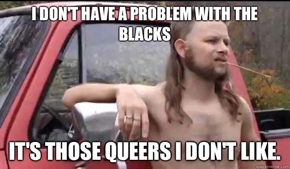 I don't have a problem with the blacks It's those queers I don't like.  Almost Politically Correct Redneck