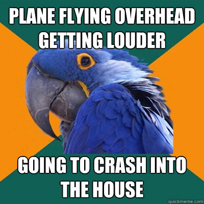 plane flying overhead getting louder going to crash into the house  Paranoid Parrot