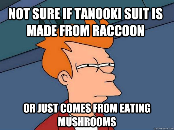 Not sure if Tanooki suit is made from raccoon or just comes from eating mushrooms  Futurama Fry