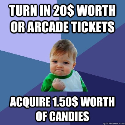 TURN IN 20$ WORTH OR ARCADE TICKETS ACQUIRE 1.50$ WORTH OF CANDIES  Success Kid