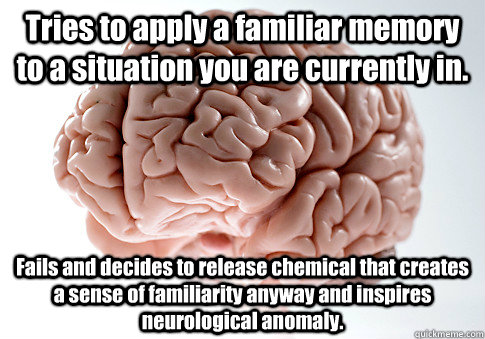 Tries to apply a familiar memory to a situation you are currently in. Fails and decides to release chemical that creates a sense of familiarity anyway and inspires neurological anomaly.   Scumbag Brain