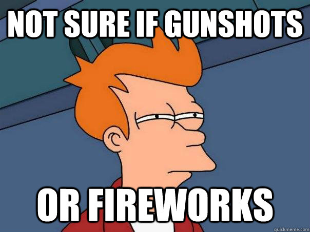 Not sure if gunshots Or fireworks  Futurama Fry