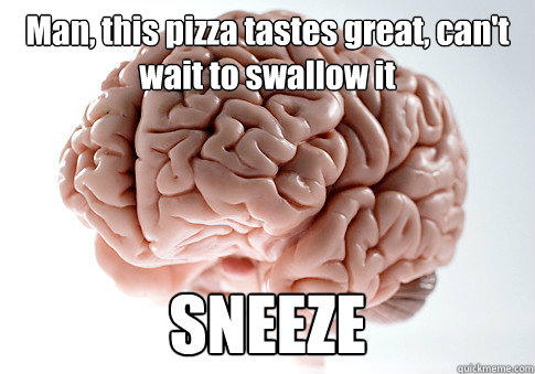 Man, this pizza tastes great, can't wait to swallow it SNEEZE   Scumbag Brain