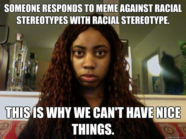 Someone responds to meme against racial stereotypes with racial stereotype. This is why we can't have nice things. - Someone responds to meme against racial stereotypes with racial stereotype. This is why we can't have nice things.  Misc