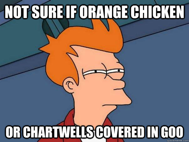 not sure if orange chicken or chartwells covered in goo  Futurama Fry