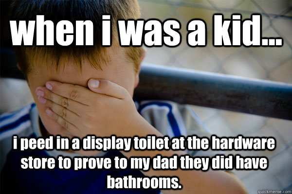 when i was a kid... i peed in a display toilet at the hardware store to prove to my dad they did have bathrooms. - when i was a kid... i peed in a display toilet at the hardware store to prove to my dad they did have bathrooms.  Confession kid