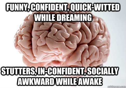 funny, confident, quick-witted while dreaming stutters, in-confident, socially awkward while awake  Scumbag Brain