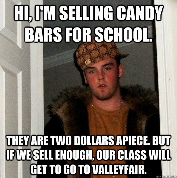 hi, i'm selling candy bars for school. They are two dollars apiece. But if we sell enough, our class will get to go to valleyfair.  Scumbag Steve