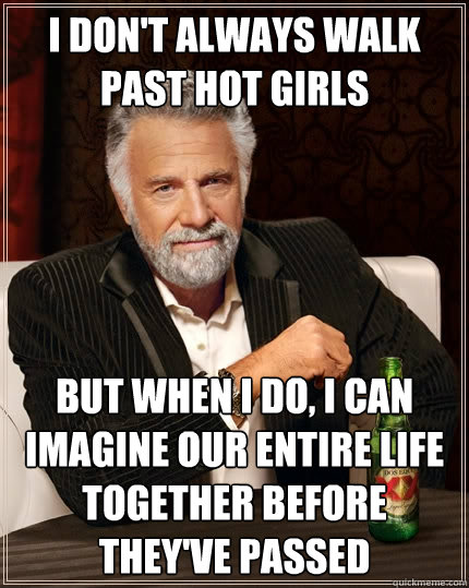 I don't always walk past hot girls but when I do, I can imagine our entire life together before they've passed  The Most Interesting Man In The World