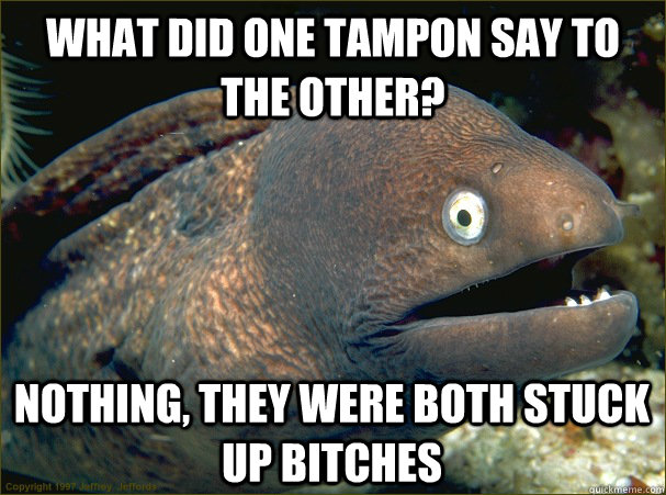 What did one tampon say to the other? nothing, they were both stuck up bitches  Bad Joke Eel