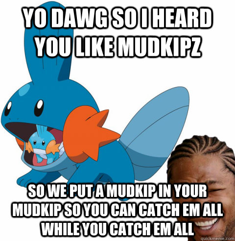 Yo dawg so i heard you like mudkipz so we put a mudkip in your mudkip so you can catch em all while you catch em all  Yo dawg mudkipz