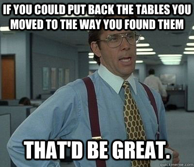 If you could put back the tables you moved to the way you found them That'd be great.  Bill lumberg