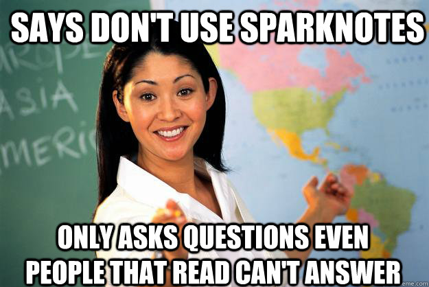 Says don't use sparknotes only asks questions even people that read can't answer - Says don't use sparknotes only asks questions even people that read can't answer  Unhelpful High School Teacher