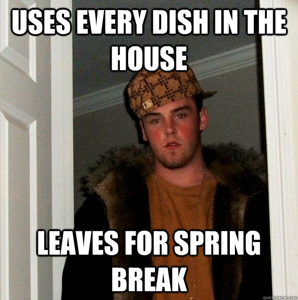 Uses every dish in the house leaves for spring break  