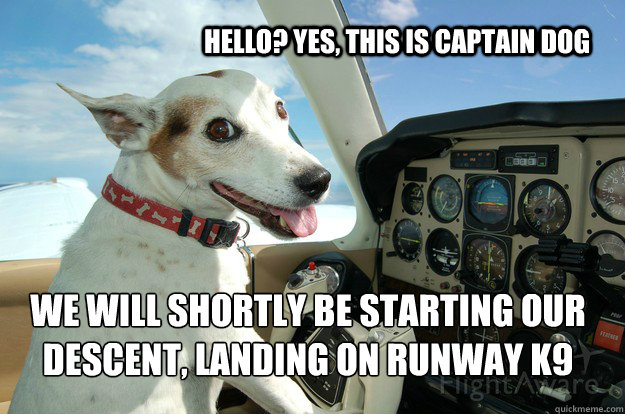 Hello? Yes, this is captain dog  We will shortly be starting our descent, landing on runway K9 - Hello? Yes, this is captain dog  We will shortly be starting our descent, landing on runway K9  Captain Dog