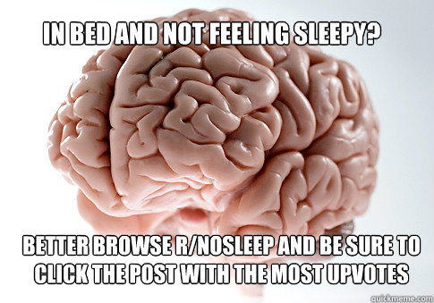 IN BED AND NOT FEELING SLEEPY? BETTER BROWSE R/NOSLEEP AND BE SURE TO CLICK THE POST WITH THE MOST UPVOTES   Scumbag Brain