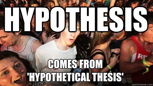 Hypothesis comes from 
'hypothetical thesis' - Hypothesis comes from 
'hypothetical thesis'  Sudden Clarity Clarence