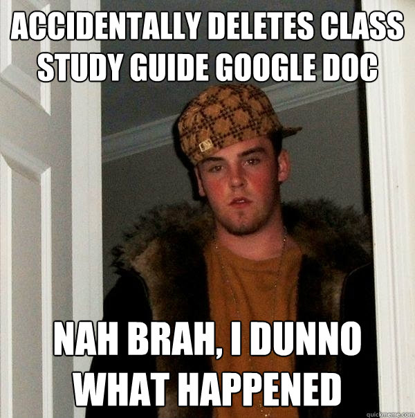 Accidentally Deletes Class Study Guide Google Doc nah brah, i dunno what happened  Scumbag Steve