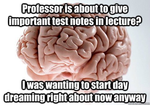 Professor is about to give important test notes in lecture? I was wanting to start day dreaming right about now anyway  Scumbag Brain