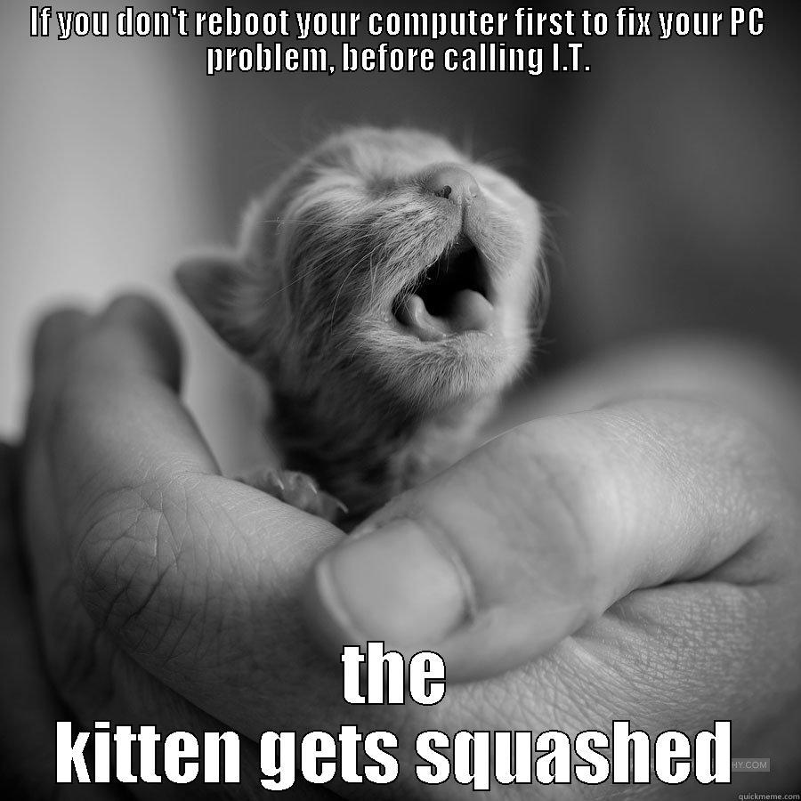 Kitten crush - IF YOU DON'T REBOOT YOUR COMPUTER FIRST TO FIX YOUR PC PROBLEM, BEFORE CALLING I.T. THE KITTEN GETS SQUASHED Misc