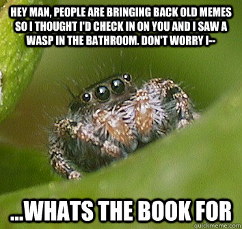 Hey man, people are bringing back old memes so I thought I'd check in on you and i saw a wasp in the bathroom. don't worry i-- ...whats the book for  Misunderstood Spider