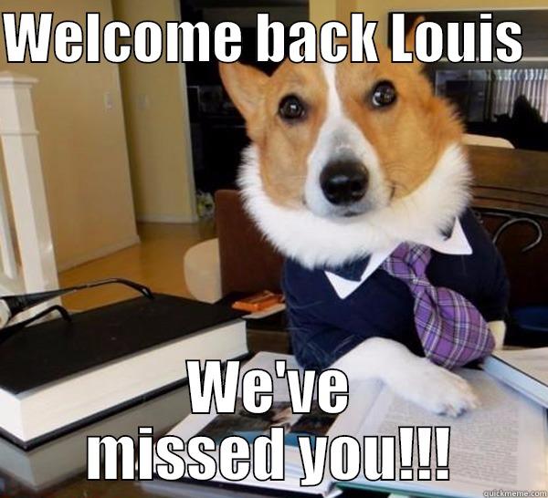 Welcome back dog! - WELCOME BACK LOUIS   WE'VE MISSED YOU!!! Lawyer Dog