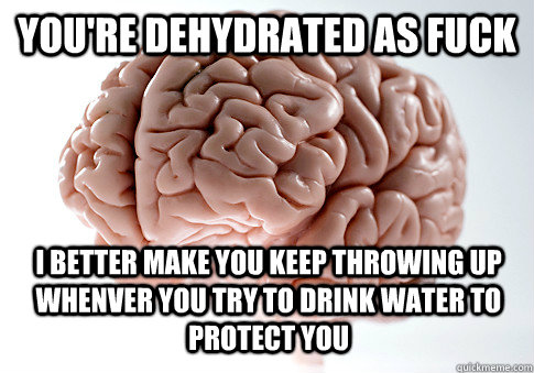 you're dehydrated as fuck I better make you keep throwing up whenver you try to drink water to protect you  Scumbag Brain