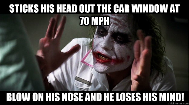 sticks his head out the car window at 70 MPH blow on his nose and he loses his mind!  Joker Mind Loss