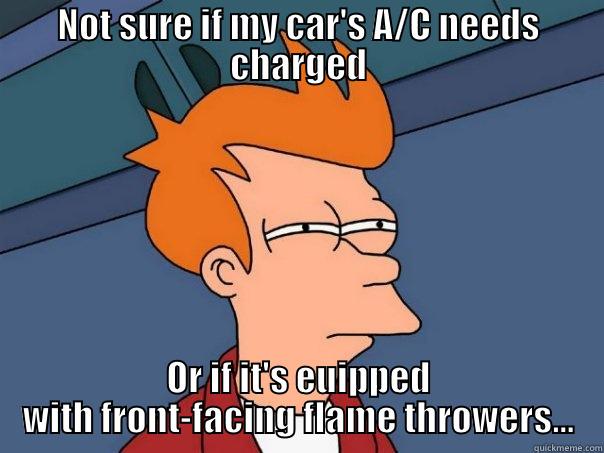 NOT SURE IF MY CAR'S A/C NEEDS CHARGED OR IF IT'S EUIPPED WITH FRONT-FACING FLAME THROWERS... Futurama Fry