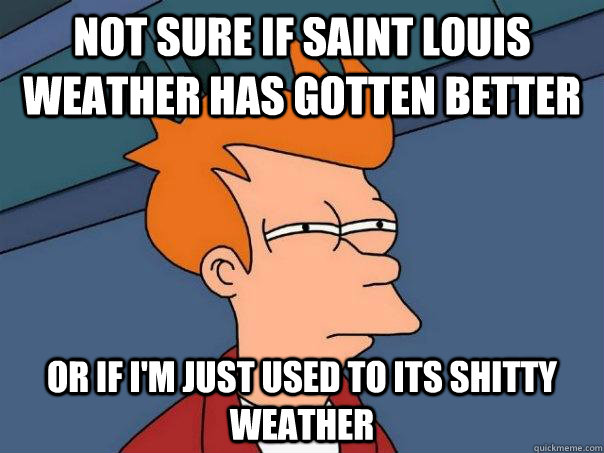 Not sure if saint louis weather has gotten better or if i'm just used to its shitty weather  Futurama Fry