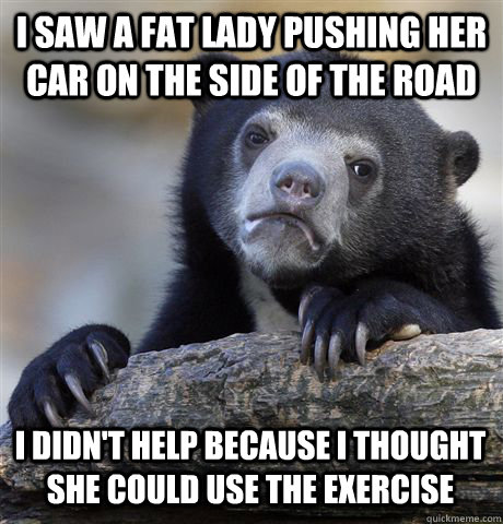 I SAW A FAT LADY PUSHING HER CAR ON THE SIDE OF THE ROAD I DIDN'T HELP BECAUSE I THOUGHT SHE COULD USE THE EXERCISE  Confession Bear