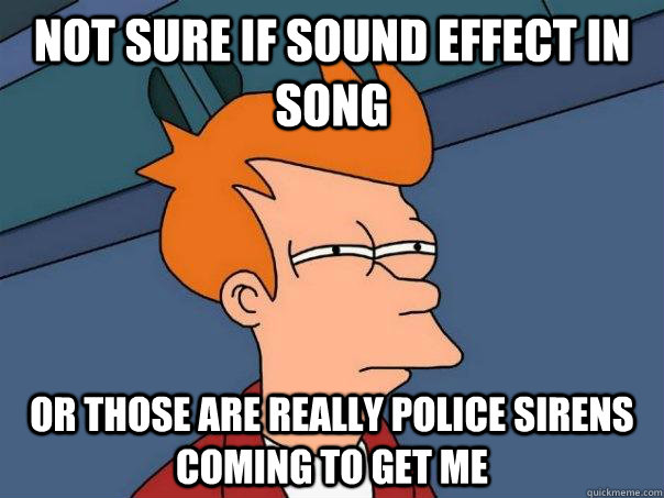 Not sure if sound effect in song Or those are really police sirens coming to get me  Futurama Fry