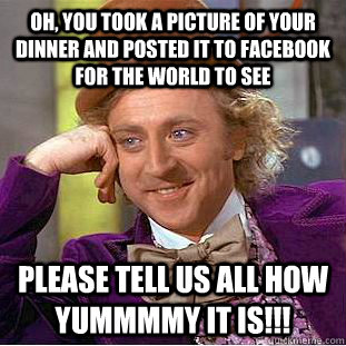 Oh, you took a picture of your dinner and posted it to Facebook for the world to see Please tell us all how yummmmy it is!!! - Oh, you took a picture of your dinner and posted it to Facebook for the world to see Please tell us all how yummmmy it is!!!  Condescending Wonka