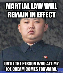 Martial Law Will Remain In effect until the person who ate my ice cream comes forward.  