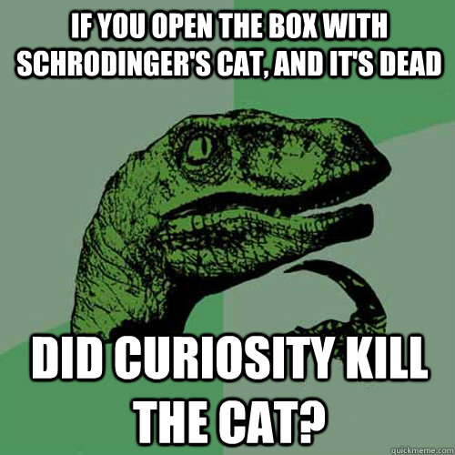 If you open the box with schrodinger's cat, and it's dead Did curiosity kill the cat? - If you open the box with schrodinger's cat, and it's dead Did curiosity kill the cat?  Philosoraptor