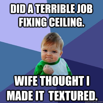 Did a terrible job fixing ceiling. Wife thought i made it  textured.  Success Kid