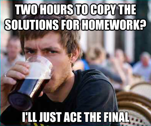 two hours to copy the solutions for homework? I'll just ace the final - two hours to copy the solutions for homework? I'll just ace the final  Lazy College Senior