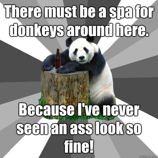 There must be a spa for donkeys around here. Because I've never seen an ass look so fine!  Pickup-Line Panda